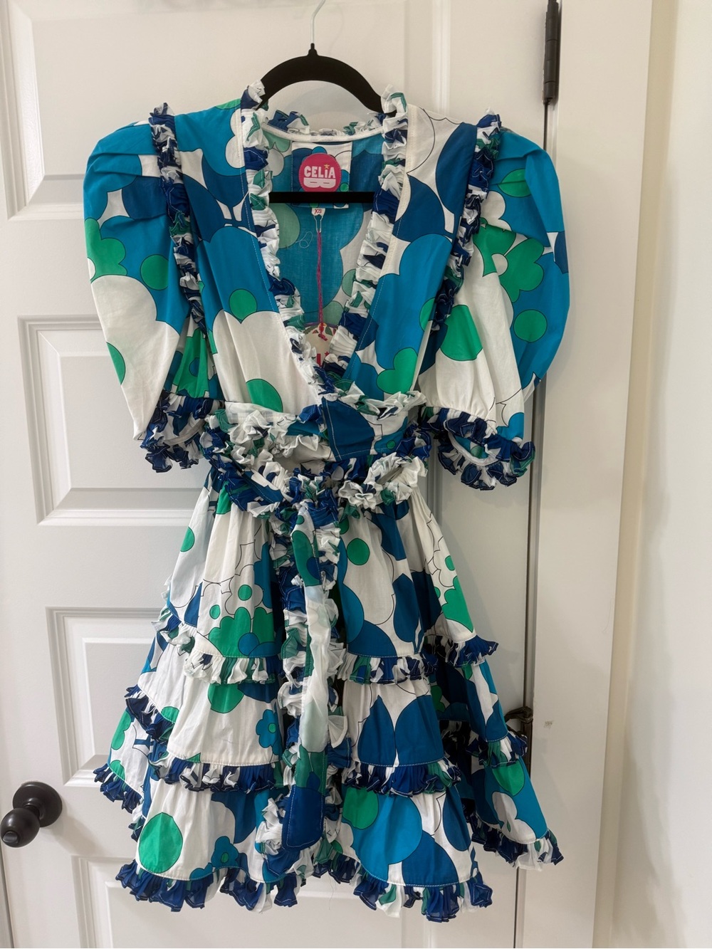 CeliaB Blue, Green & White Floral Ruffled Tier Dress
